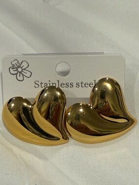 Gold Stainless Steel Heart Earrings - Polished Gold Tone